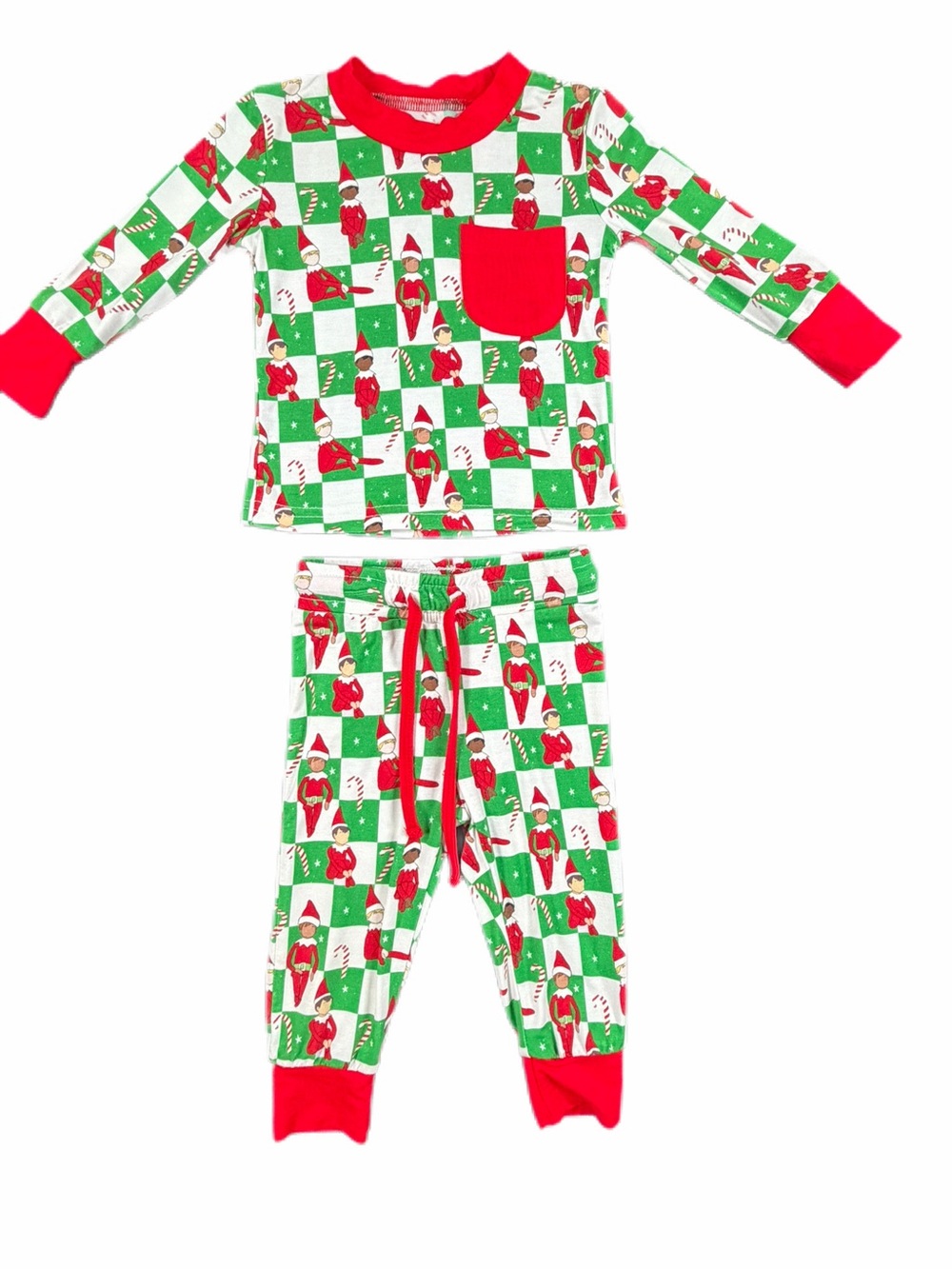 SMOCKED SWEETS  Checkered Bamboo Elf on a Shelf Pajama Set- 3M